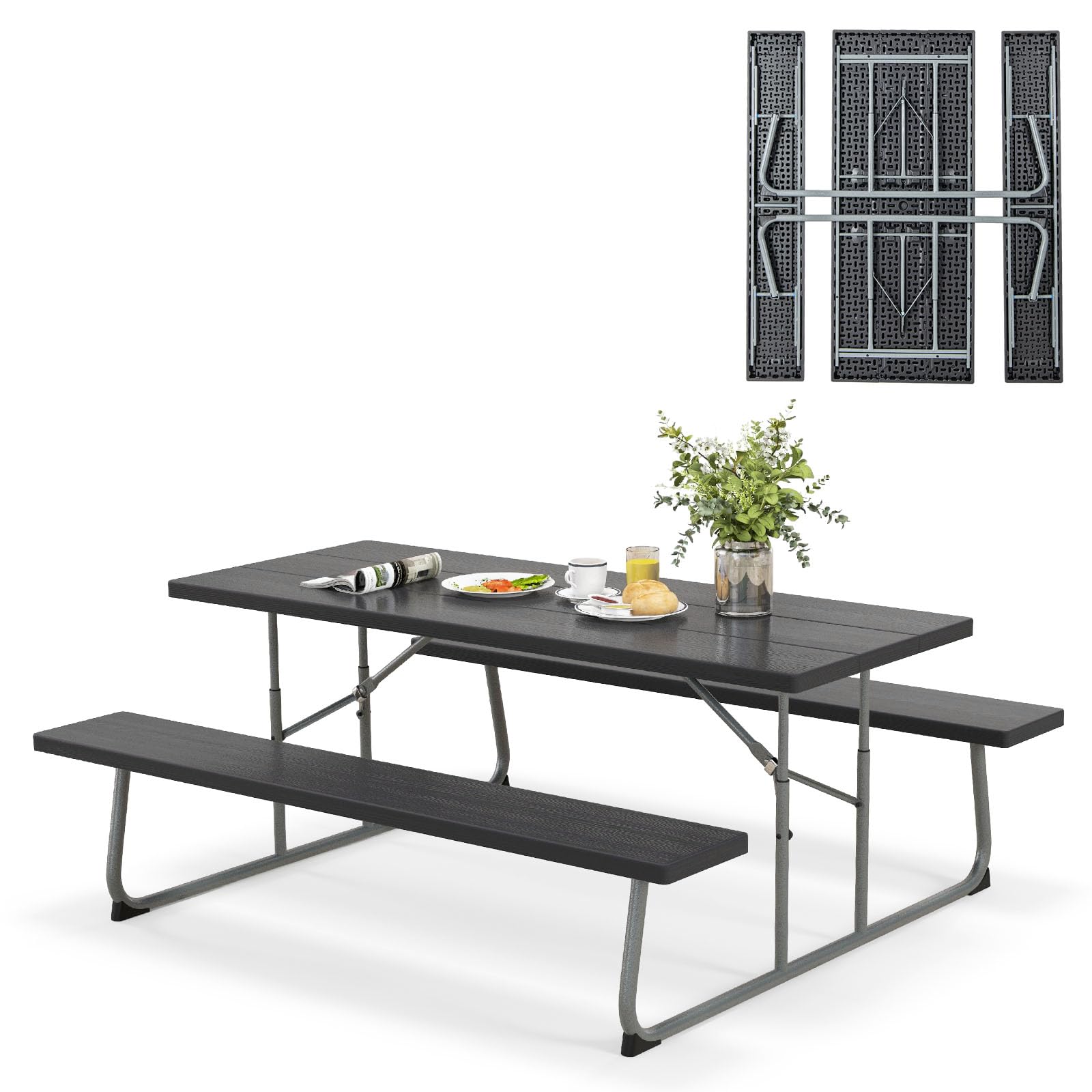 Table de pique-nique pliante Tangkula de 1,8 m, Table de pique-nique d'extérieur avec 2 bancs intégrés, Trou pour parasol